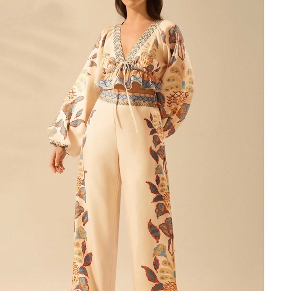 Boho Floral Print Stretchy Waist Straight Leg Pants - Picture 5 of 5